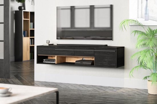 Zwevend TV meubel Northwood Black 140 cm – Zwart Hangend TV Meubel Met Eiken Details – Zwarte TV Kast - Merkloos