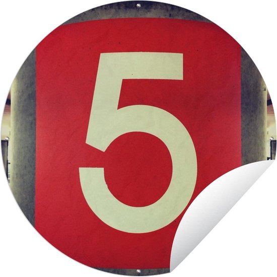 Tuincirkel Het getal 5 op een rode ondergrond - Ronde Tuinposter - Buiten