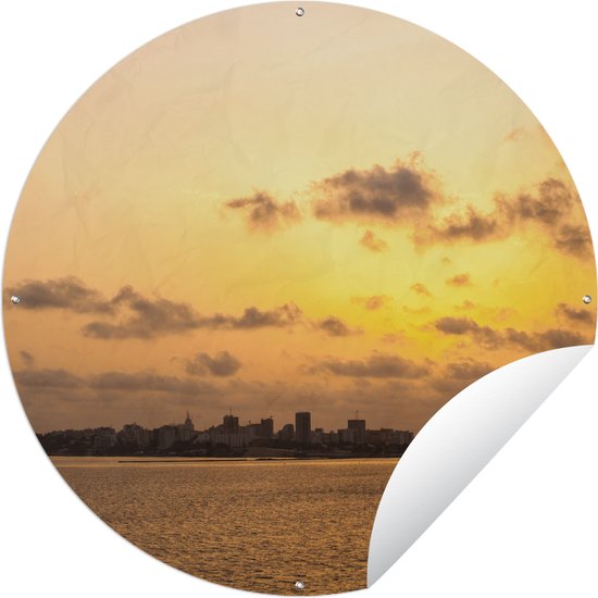 Tuincirkel Zonsondergang boven het water met op de achtergrond de stad Dakar - 90x90 cm - Ronde Tuinposter - Buiten