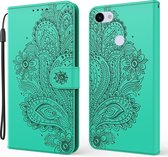 Voor Google Pixel 3a Pauw Patroon in reliëf Horizontaal Flip Leren Hoesje met Houder & Kaartsleuven & Portemonnee & Lanyard (Groen)