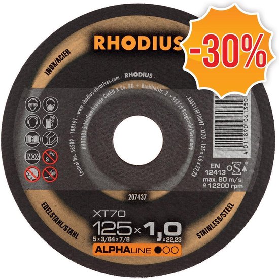 Rhodius ALPHALine I XT70 Doorslijpschijf - Extra dun - 125 x 22,23 x 1mm - RVS/Staal (50st)