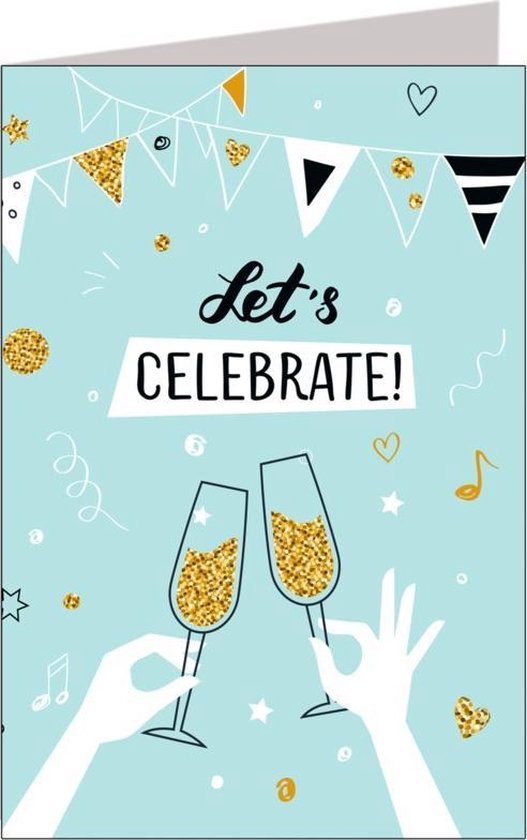 Verjaardagskaart - Let's celebrate! - XL Formaat - 21 x 30 cm - Blauw - Goud - Een Stuk