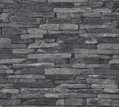 Steen tegel behang Profhome 914224-GU vliesbehang glad met natuur patroon mat grijs zwart 5,33 m2