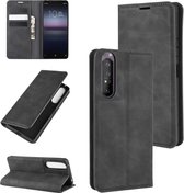 Voor Sony Xperia 1 II retro-skin zakelijke magnetische zuignap lederen tas met houder en kaartsleuven en portemonnee (zwart)