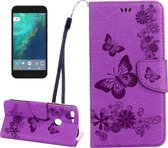 Voor Google Pixel XL vlinders Embossing horizontale flip lederen tas met houder & kaartsleuven & portemonnee & lanyard (paars)