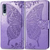 Butterfly Love Flowers Embossing Horizontale Flip Leather Case voor Galaxy A50, met houder & kaartsleuven & portemonnee & lanyard (lichtpaars)