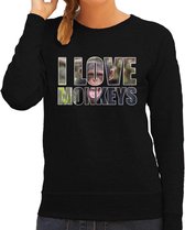 Tekst sweater I love chimpanzee monkeys met dieren foto van een chimpansee aap zwart voor dames - cadeau trui apen liefhebber 2XL