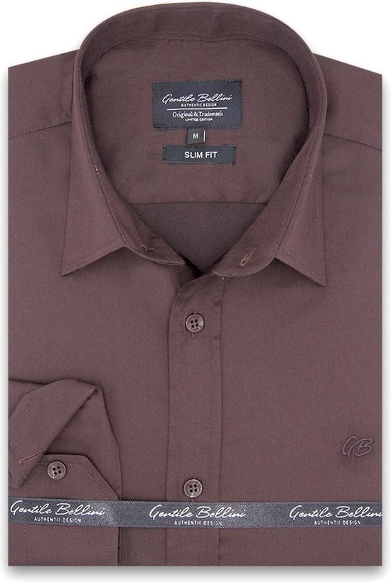 Heren Overhemd - Slim Fit - Luxury Plain Satijn - Bruin - Maat L