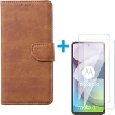 Bookcase Geschikt voor: Motorola Moto G 5G - Lichtbruin - portemonnee hoesje met 2 stuks Glas Screen protector