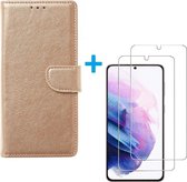 Bookcase Geschikt voor: Samsung Galaxy S21+ 5G - Goud - portemonnee hoesje met 2 stuks Glas Screen protector