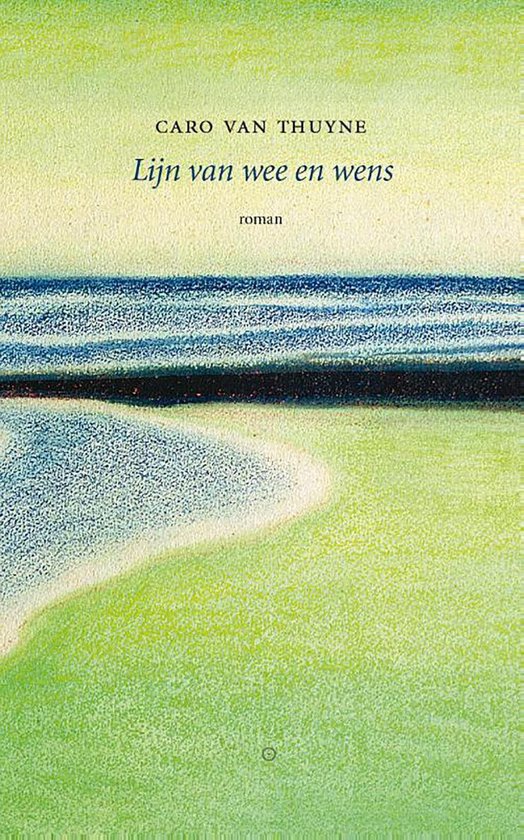 Boek met de titel 'Lijn van wee en wens' van Caro Van Thuyne. Abstracte aquarel met groen, blauw en zwart.