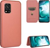 Voor xiaomi mi 10 lite koolstofvezel textuur magnetische horizontale flip tpu + pc + pu lederen tas met kaartsleuf (bruin)