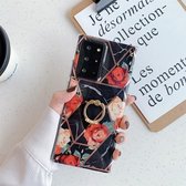 Voor Samsung Galaxy Note20 Galvaniserend stikpatroon Zachte TPU beschermhoes met ringhouder (stiksels zwarte bloemen)