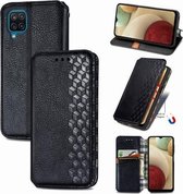 Voor Samsung Galaxy A12 Cubic Grid Pressed Horizontal Flip Magnetic PU Leather Case met houder & kaartsleuven & portemonnee (zwart)