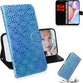 Voor Galaxy A10s Effen Kleur Kleurrijke Magnetische Gesp Horizontale Flip PU Lederen Case met Houder & Kaartsleuven & Portemonnee & Lanyard (Blauw)