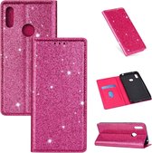 Voor Huawei Y7 (2019) Ultradunne Glitter Magnetische Horizontale Flip Leren Case met Houder & Kaartsleuven (Rose Rood)