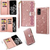 Voor Samsung Galaxy A91 / S10 Lite / M80s Multi-kaartsleuven Sterrenhemel Lasergravure Glitter Rits Horizontale Flip Leren Case met Houder & Portemonnee & Lanyard (Rose Goud)