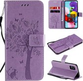 Voor Samsung Galaxy A51 5G Tree & Cat reliÃ«fpatroon Horizontale flip lederen tas met houder & kaartsleuven & portemonnee en lanyard (lichtpaars)