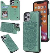 Bloem reliëfpatroon schokbestendig beschermhoes met houder & kaartsleuven en fotolijst voor iPhone 11 Pro Max (groen)