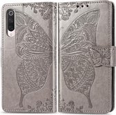 Voor xiaomi 9 pro vlinder liefde bloem reliëf horizontale flip lederen tas met beugel lanyard kaartsleuf portemonnee (grijs)