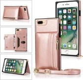 Portemonnee-tas met vierkante rits TPU + PU-achterklep met houder & kaartsleuven & portemonnee & cross-body riem voor iPhone 8 Plus / 7 Plus (Rose Glod)