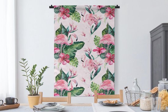 Tapisserie FlamingoChristmas Illustrations - Motif de flamants roses et feuilles et fleurs sur fond blanc Tapisserie coton 90x135 cm - Tapisserie avec photo