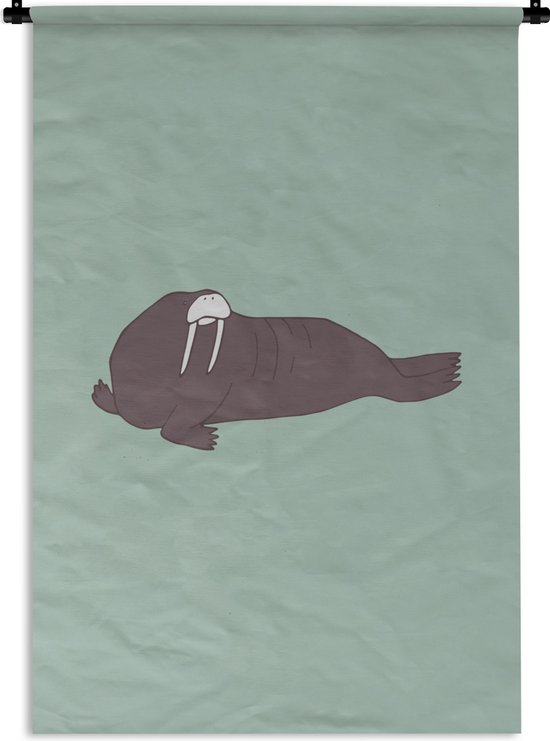 Tapisserie murale Carte du Wereldkaart avec des animaux - Illustration d'un morse sur fond vert Tapisserie murale coton 90x135 cm - Tapisserie murale avec photo
