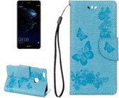 Voor Huawei P10 Lite Vlinders Embossing Horizontale Flip Leren Case met Houder & Kaartsleuven & Portemonnee & Lanyard (Blauw)