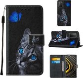 Voor Xiaomi Poco M3 Cross Texture Painting Pattern Horizontale Flip Leather Case met Houder & Kaartsleuven & Portemonnee & Lanyard (Blue Butterfly Cat Eyes)