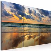 Schilderij - Zonsondergang Noordzee, 3luik , oranje blauw , wanddecoratie , premium print op canvas