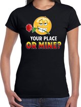 Funny emoticon t-shirt Your place or mine zwart voor dames - Fun / cadeau shirt S