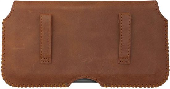 Arrière de l'étui de ceinture en cuir marron pour téléphone avec passants.