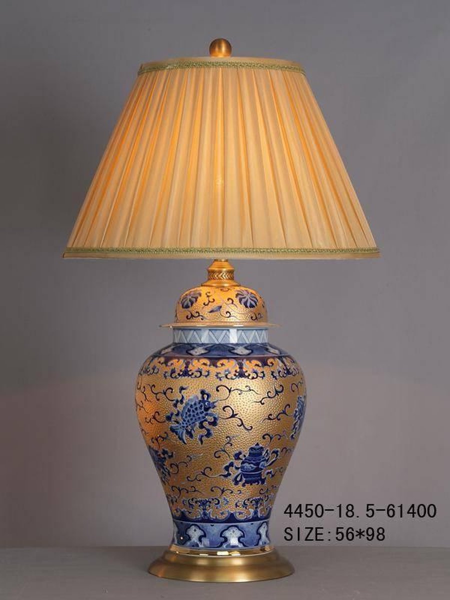 Fine Asianliving Oosterse Tafellamp Porselein Bladgoud met Blauwe Geluksmotieven