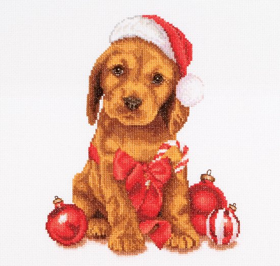 Thea Gouverneur - Borduurpakket met telpatroon - 730A - Voorgesorteerde DMC Garens - Kerst Puppy - Aida - 31 cm x 30 cm - DIY Kit