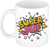 Super juf cadeau koffiemok / theebeker wit met sterren - 300 ml - keramiek - cadeau / bedankje juf