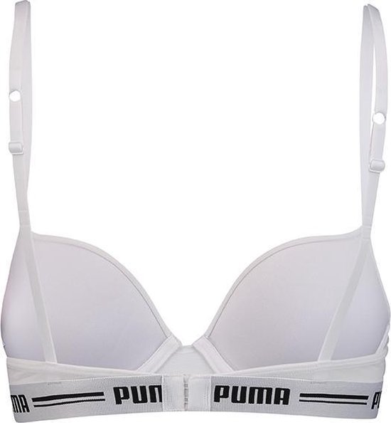 Achterkant van een witte Puma beugelbeha met verstelbare bandjes en zwarte 'Puma'-logoband.