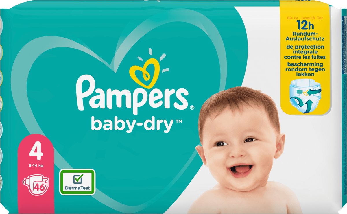 Pampers Baby-Dry Maat 4, 46 Luiers, Tot 12 Uur Bescherming, 9-14kg | bol.com