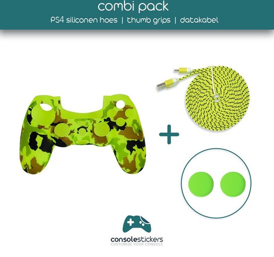 Combipack – Groen & Geel – PS4 controller siliconenhoes – thumbgrips – 3M datakabel