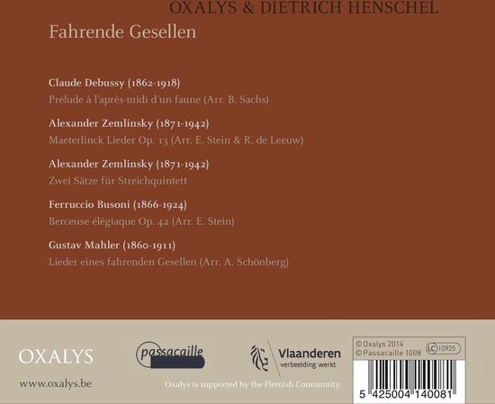 CD-hoes met donkerbruine achtergrond. Titel: Oxalys & Dietrich Henschel, Fahrende Gesellen. Lijst met composities en componisten.