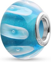 Quiges - 925 - Sterling - zilver - Glazen - Kraal - Bedels - Beads - Lichtblauw en Wit - Past op alle bekende merken - Armband GZ017