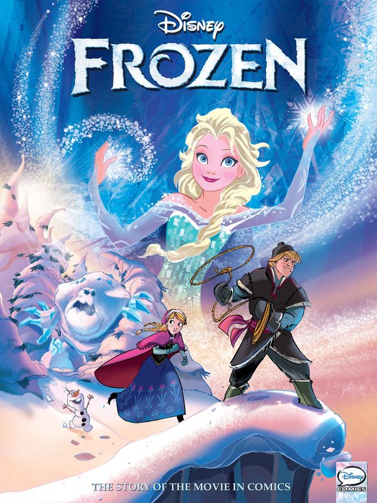 Elsa, Anna, Kristoff, Olaf en de sneeuwman in een winterse scène uit Disney's Frozen. De titel 'Disney Frozen' staat bovenaan.