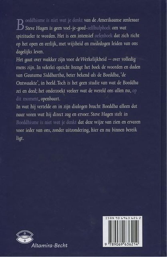 Boekrug van "Boeddhisme is niet wat je denkt" door Steve Hagen, met tekst over boeddhisme en de auteur.
