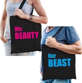 His beauty en her beast / katoenen tassen zwart met blauwe en roze tekst - geschenk - bruiloft / huwelijk - cadeautassen / shoppers voor koppels