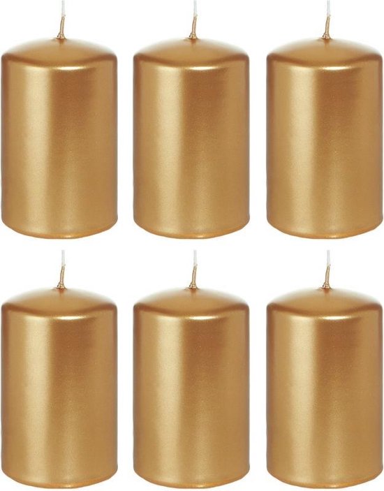 6x Gouden cilinderkaarsen/stompkaarsen 5 x 8 cm 18 branduren - Geurloze goudkleurige kaarsen - Woondecoraties