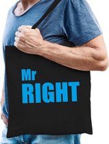 Mr right katoenen tas zwart met blauwe tekst - vrijgezellenfeest - tasje / shopper voor heren