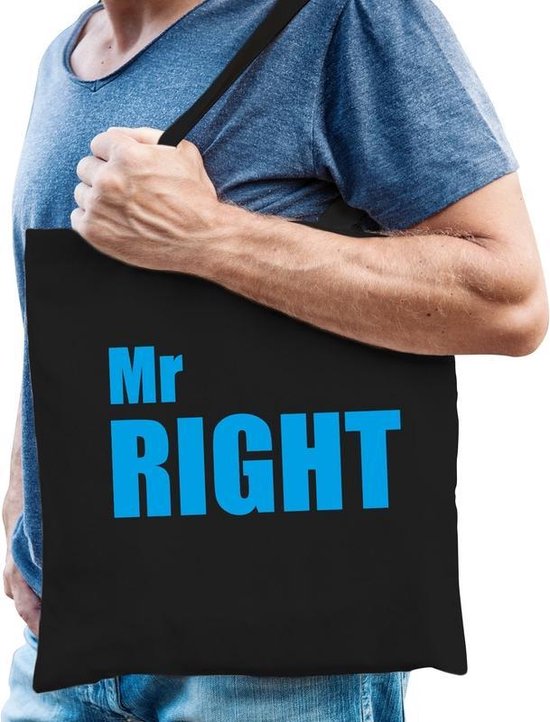 Mr Right Sac en coton noir avec texte bleu Bachelor Party Sac