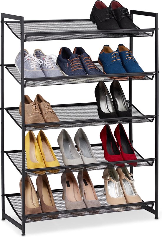 relaxdays schoenenrek metaal - voor 15 paar schoenen - rek voor schoenen -  zwart - met 5 e | bol.com