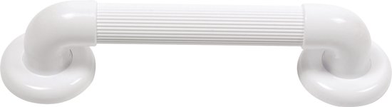 Witte handgreep voor de badkamer of douche met ribbelpatroon.