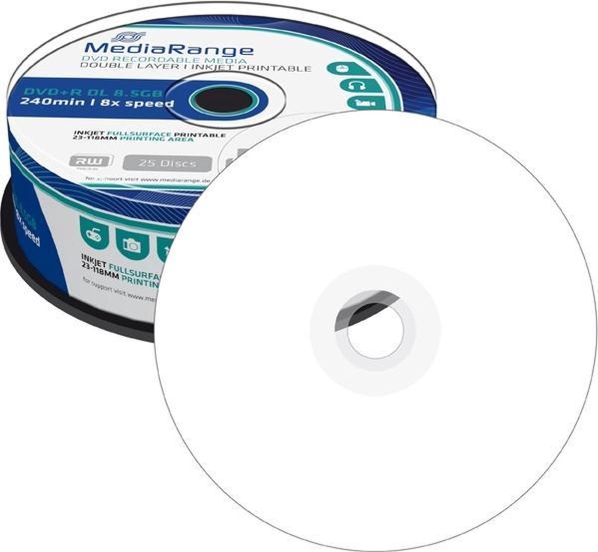 MediaRange DVD+R DL 8x 25pcs Cake Inkjet Fullsurface Printab | bol.com