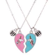 BY-ST6 duo ketting Best Friends - Unicorn/ Eenhoorn - twee kettingen met breekbaar hart - Blauw/Roze